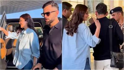 Anushka Sharma and Virat Kohli keep it cool and casual as they jet off together from the airport after their one-day trip to Mumbai – Video | Hindi Movie News