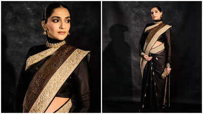 Sonam Kapoor, pregnant with her second child, showcases baby bump in a black Banarasi saree as she dazzles at Mumbai event |