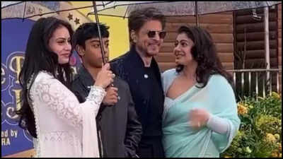 Shah Rukh Khan and Kajol’s ‘DDLJ’ celebration: Nysa and Yug join the duo; pose in front of bronze statue |