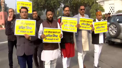 AAP MLAs stage protest outside Delhi Assembly against state government | India News