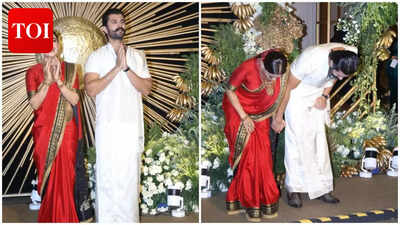 Rashmika Mandanna and Vijay Deverakonda glow with joy at Hyderabad reception, newlyweds seek blessings with humble namaste | Telugu Movie News