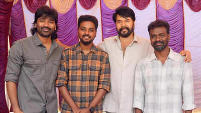 National Award winners Mammootty, Dhanush, Rajkumar Periyasamy, and Kalaivanan celebrate together on ‘OM’ sets | Tamil Movie News