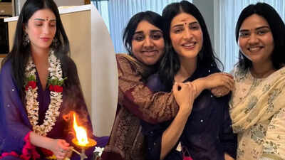Shruti Haasan performs grihapravesh puja at new Chennai home; Father Kamal Haasan misses the ceremony | Tamil Movie News