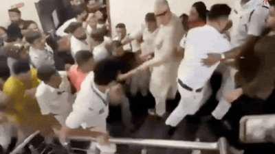 Watch: Derek O’Brien falls down staircase amid clash at TMC office | India News