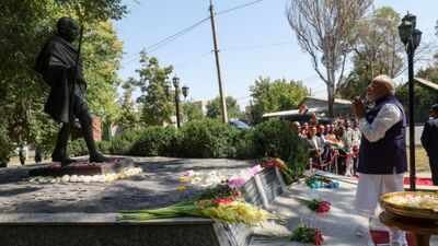 PM Modi pays floral tribute to Mahatma Gandhi in Bishkek, interacts with Indian diaspora | India News