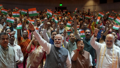 PM Modi, Amit Shah attend NDA’s ‘Mangal Milan’ meet, wave Tiranga | India News