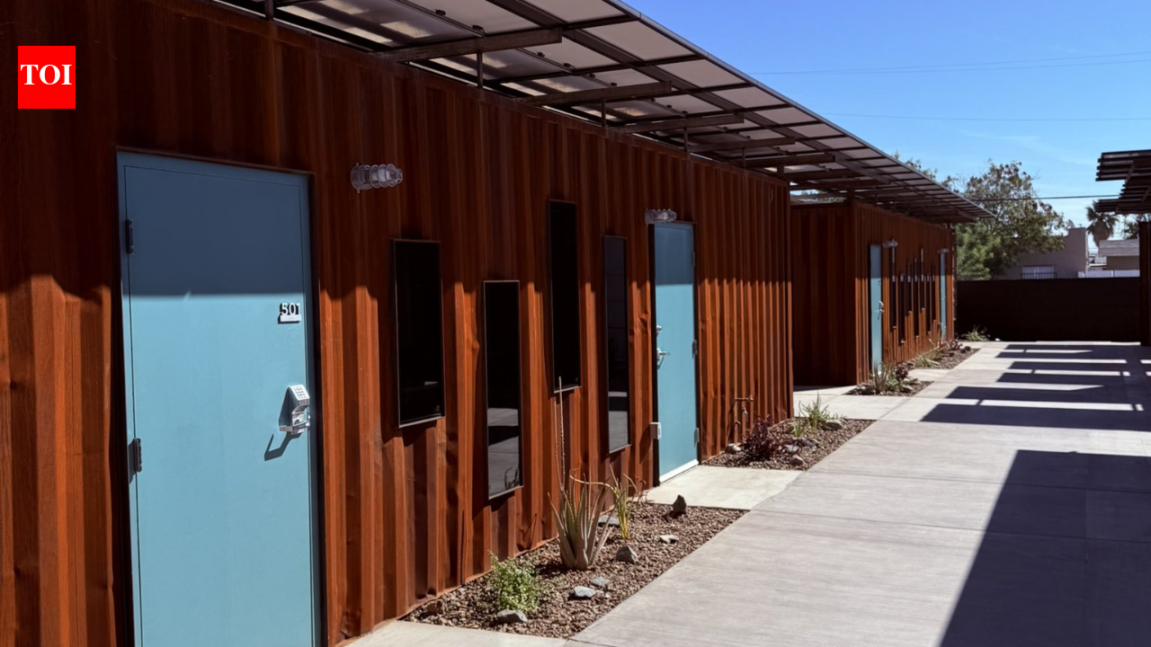 Phoenix turned shipping containers into 40 private transitional homes for homeless seniors; each 160-sq-ft unit has a bathroom, and 56 permanent apartments are planned next