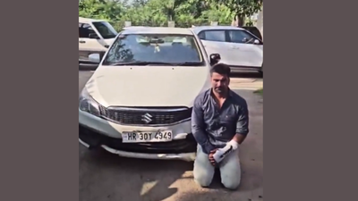 Gurgaon hit-and-run case: Accused Kalyan Bainsla made to kneel before car, bandaged hand visible – watch | India News