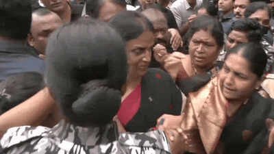 Watch: Security official pulls BRS MLA’s hair during protest outside Telangana assembly | India News