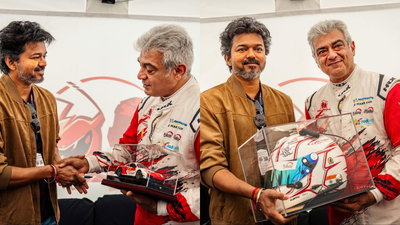 Vijay and Ajith Kumar reunite at Silverstone: The ‘Jana Nayagan’ star gifts miniature race car, while Ajith returns the gesture with a signed helmet | Tamil Movie News