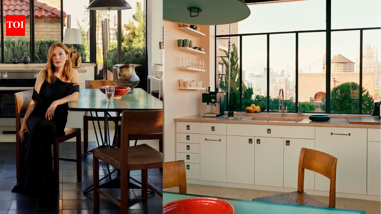 Julianne Moore leaves her West Village townhouse for a light-filled Manhattan duplex in a 1920s building, featuring spacious terraces, modernist furniture and her Oscar displayed |