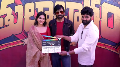 ‘Thulabharam’ pooja ceremony: Ravi Teja, Anaswara Rajan attend first clap event for Vivek Athreya directorial in Hyderabad |
